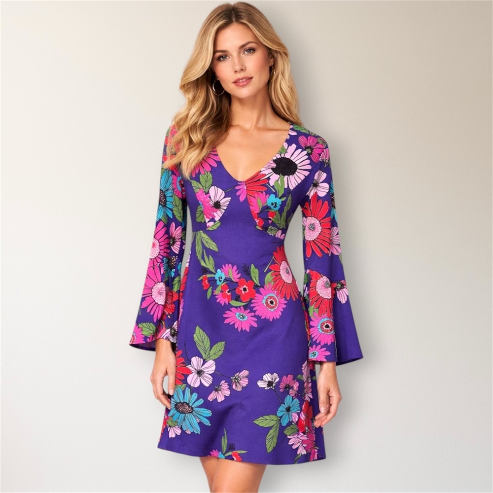 Trina Turk Floral Mini Dress V Neck Bell Sleeve Spring Wedding Guest Garden